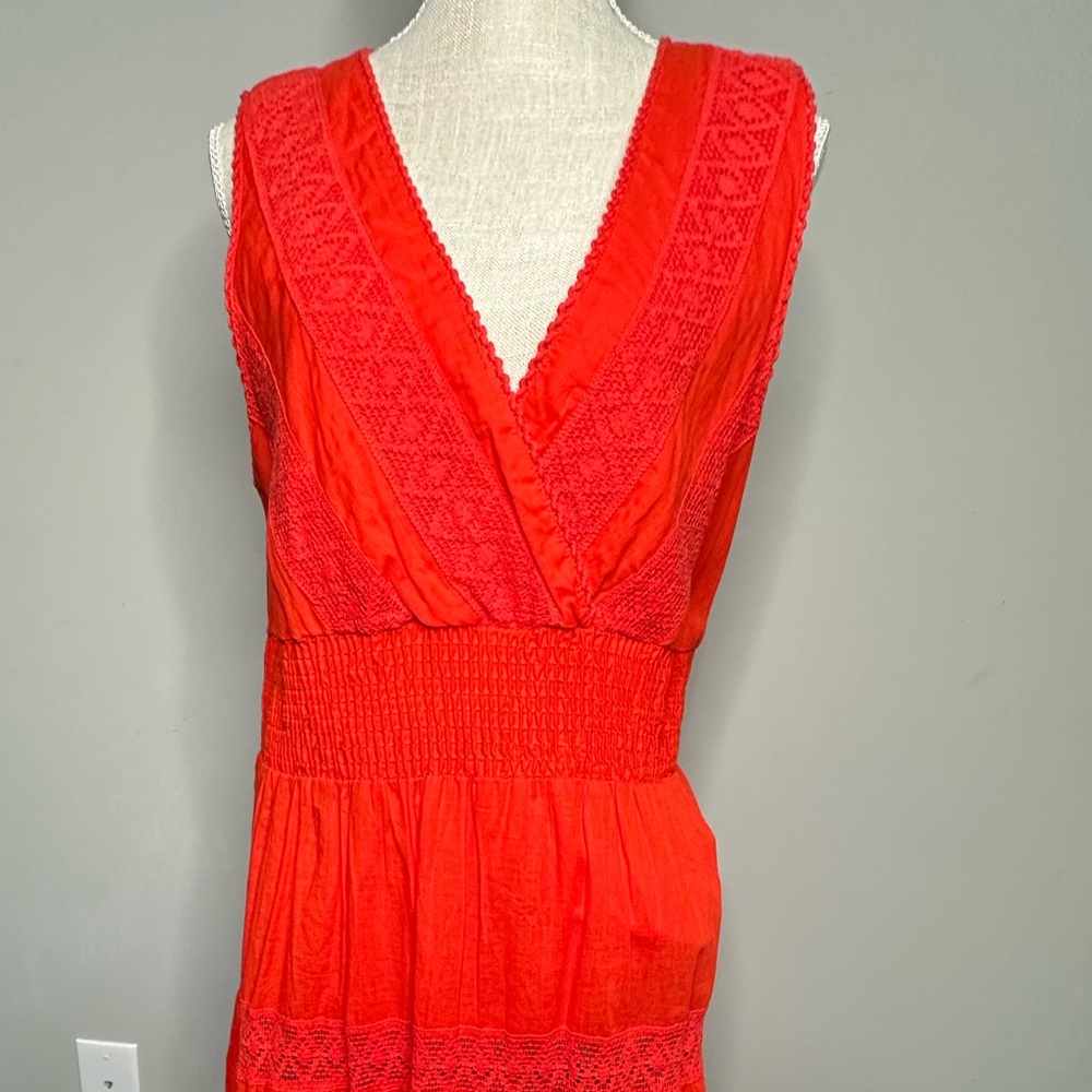 wide and long red sleeveless summer dress